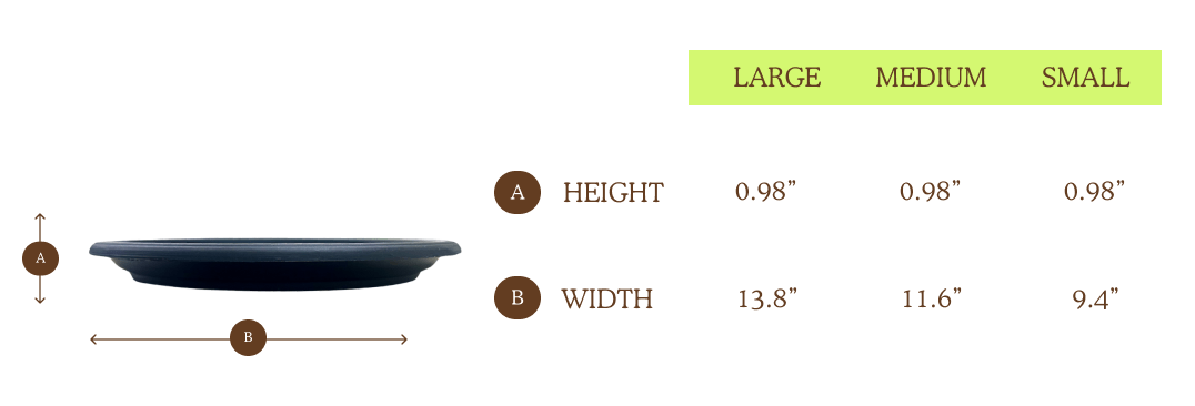 A large Tray is 0.98 inches in height and 13.8 inches in width. A medium Tray is 0.98 inches in height and 11.6 inches in width. A small Tray is 0.98 inches in height and 9.4 inches in width.